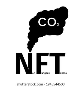 El icono de NFT emite grandes cantidades de CO2. El concepto de un desastre ambiental asociado con los tokens no fungibles. Humo. Negro sobre fondo blanco. Aislado. Vector