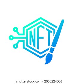 NFT icon with paintbrush, Non-Fungible Token logo design, Digital art marketplace, Cryptocurrency blockchain concept symbol, Vector illustration