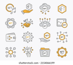 NFT icon set. Collection of blockchain, crypto, innovation, coin and more. Vector illustration.