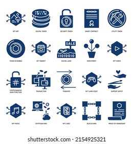 NFT icon set in flat style. Virtual property and digital money symbols. Non fungible token technology. Vector illustration.