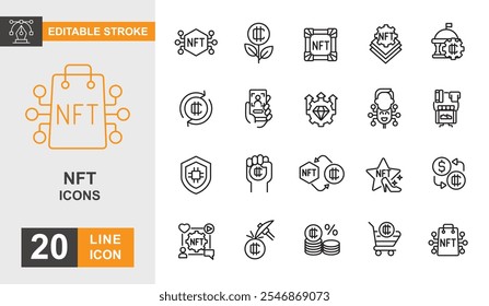 Nft icon set. Money, asset, currency, innovation, internet and more line icon. Editable stroke icon.