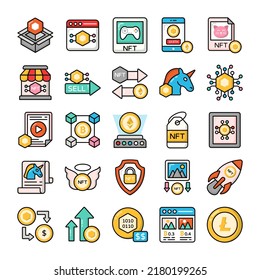 NFT icon set.  Non-fungible token, Blockchain, crypto, currency, and more.