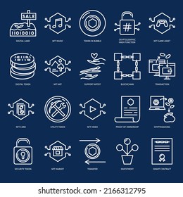 NFT icon set in thin line style. Virtual property and digital money symbols. Non fungible token technology. Vector illustration.