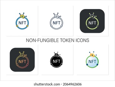 Iconos NFT establecidos. token no fungible. Activos digitales únicos. Los activos existen en sus propios criptosistemas. Colección de iconos en estilos de color lineales, rellenos.Isoladas ilustraciones vectoriales