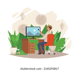 NFT illustration with artist drawing process flat style, vector isolated on white background. Man character sitting next computer, flowers and leaves. NFT sing on background, crypto art