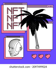 NFT image concept. Collage illustration of user interface elements, 3D models of low poly palm tree and of human face.