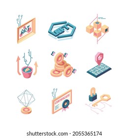 Nft. Innovation secure digital safety systems crypto art electronic paints garish vector illustrations in isometric style