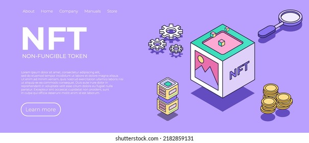 página de inicio de NFT. Concepto de token no fungible. Ilustración isométrica de Crypto Money