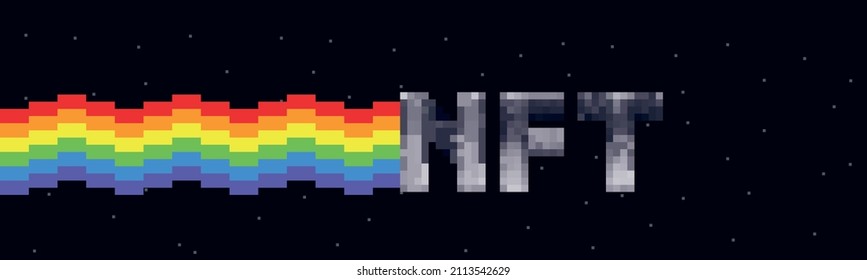 NFT lettering and rainbow vector meme. Colorful 8-bit pixel graphics. Crypto art. Cryptography vector wallpaper.
Panorama flat digital vector illustration