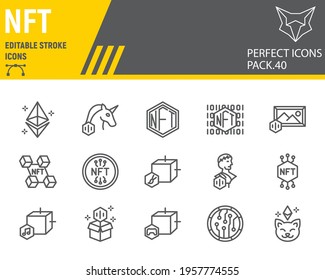 NFT Line Icon Set, Non Fungible Token Collection, Vector Graphics, Logo Illustrations, NFT Blockchain Vector Icons, Cryptocurrency Signs, Outline Pictograms, Editable Stroke