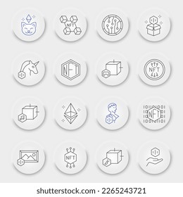 NFT-Zeilensymbole, nicht fungible Token-Sammlung, Vektorgrafiken, UX-Schaltflächen der Benutzeroberfläche, NFT-Blockchain-Vektorsymbole, kryptowährende Zeichen, Umrisspiktogramme, bearbeitbarer Strich