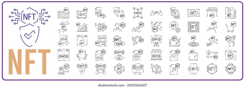 NFT line icons set. Editable Stroke. Vector token symbol digital crypto coin sign