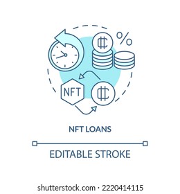 NFT loans turquoise concept icon. Financial operations with crypto. Promising trend abstract idea thin line illustration. Isolated outline drawing. Editable stroke. Arial, Myriad Pro-Bold fonts used