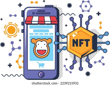 Nft market for buy digital file or service vector. Electronic online store for buying electronic money cryptocurrency and media. Smartphone application for purchasing. flat cartoon illustration
