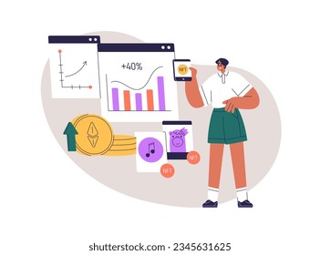 NFT market, digital art, assets trade, investment and analysis concept. Investing, buying unique non-fungible tokens, virtual marketplace. Flat graphic vector illustration isolated on white background