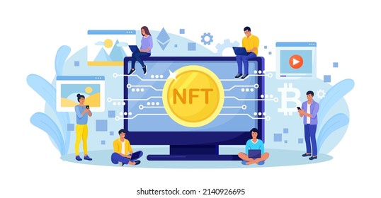 NFT Marketplace con artículos de criptografía en venta y tecnología Blockchain. La gente usa criptodivisa Token no fungible para comprar arte exclusivas, obras maestras y antigüedades en el ciberespacio. Diseño de vectores