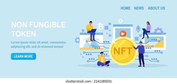 NFT Marketplace with Crypto Art Items on Sale and Blockchain Technology. People Use Non Fungible Token Cryptocurrency to Buy Exclusive Arts, Masterpieces and Antiquities in Cyber Space. Vector design