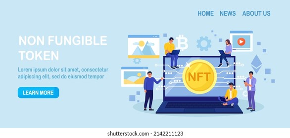 NFT Marketplace with Crypto Art Items on Sale and Blockchain Technology. People Use Non Fungible Token Cryptocurrency to Buy Exclusive Arts, Masterpieces and Antiquities in Cyber Space. Vector design