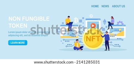 NFT Marketplace with Crypto Art Items on Sale and Blockchain Technology. People Use Non Fungible Token Cryptocurrency to Buy Exclusive Arts, Masterpieces and Antiquities in Cyber Space. Vector design