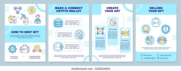 NFT minting blue brochure template. Sell digital art. Leaflet design with linear icons. Editable 4 vector layouts for presentation, annual reports. Arial-Black, Myriad Pro-Regular fonts used