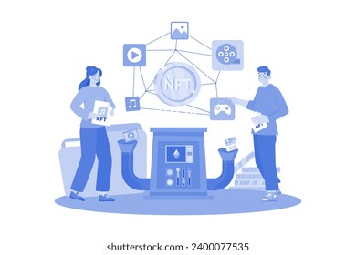 Proceso de acuñación NFT Concepto de ilustración en fondo blanco
