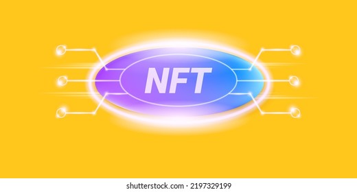 NFT modern orange horizontal banner design template with shiny lights. NFT modern style violet banner, label, sticker, icon, poster and flyer. Non fungible token banner design template