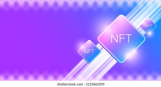 NFT modern violet horizontal banner design template with shiny lights. NFT modern style violet banner, label, sticker, icon, poster and flyer. Non fungible token banner design template