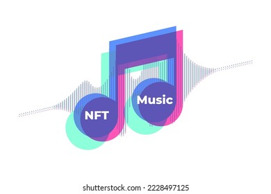 Música NFT, NFT o token no fungible para música con notas musicales y ondas sonoras sobre fondo blanco.