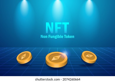 NFT non fungible token. 3D Ethereum crypto coin for collectible digital art  technology in futuristic abstract background.