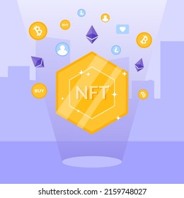 NFT сoncept, non fungible token in artwork, game, digital cryptocurrency icons. Coins on abstract city background. Internet marketplace and blockchain technology. Flat style vector illustration