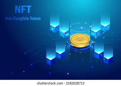 NFT non fungible token with block chain technology. 3D NFT crypto coin for collectible digital art and block chain in electronic circuit board futuristic background.