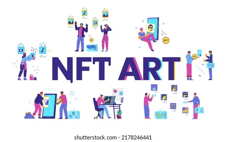 NFT non fungible token cocept vector banner. People creating, selling, choosing and buying NFT art  illustrations.