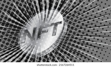 NFT non fungible token coin styled for the 80s retro in gray color. Pay for unique collectibles in games or art. Header or banner for news. Vector illustration.