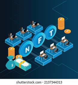 NFT - Colectores y creadores de tokens no fungibles concepto de icono vectorial 3d isométrico para banner, sitio web, ilustración, página de aterrizaje, volante, etc.