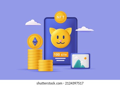 NFT Non Fungible Token Concept 3D Illustration. Icon Composition With Crypto Coins, Collectibles Art And Gaming. Blockchain Technology And Cryptographic. Vector Illustration For Modern Web Design