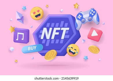 NFT nicht fungible Token Konzept 3D Illustration. Icon-Komposition mit Kryptowährung, Joystick, Video, Emoji ant Andere. Virtueller Blockchain-Kunstmarkt. Vektorgrafik für modernes Webdesign