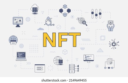 nft non fungible token concept with icon set with big word or text on center