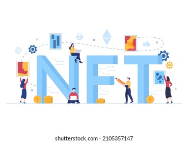 NFT Non Fungible Token Crypto Art of Converting Into Digital Network with Coin Servers for Banner or Poster in Flat Background Illustration