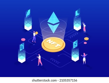 NFT Non Fungible Token Crypto Art of Converting Into Digital Network with Coin Servers for Banner or Poster in Flat Background Illustration