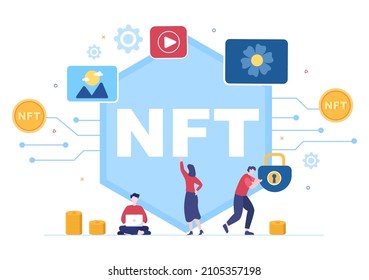 NFT Arte criptográfico de token no fungible de convertir en red digital con servidores de monedas para carteles o afiches en fondo plano Ilustración