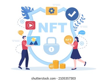 NFT Non Fungible Token Crypto Art of Converting Into Digital Network with Coin Servers for Banner or Poster in Flat Background Illustration