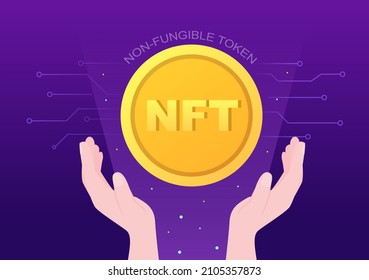 NFT Non Fungible Token Crypto Art Of Converting Into Digital Network With Coin Servers For Banner Or Poster In Flat Background Illustration