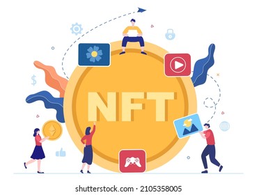 NFT Non Fungible Token Crypto Art Of Converting Into Digital Network With Coin Servers For Banner Or Poster In Flat Background Illustration