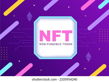 NFT Non Fungible Token Crypto Art of Converting Into Digital Network with Coin Servers for Banner or Poster in Flat Background Illustration