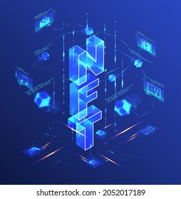 NFT, token no fungible, cripto digital tecnología de cadena de bloques de arte, ilustración isométrica vectorial.