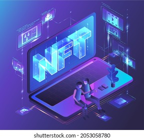 NFT, Non Fungible Token, Digital Crypto Art Blockchain Technology, Vector Isometric Illustration, Neon Light Design.