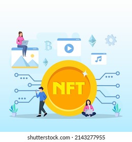 NFT non fungible token, digital crypto art blockchain technology, flat vector illustration,