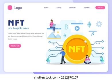 NFT non fungible token, digital crypto art blockchain technology, flat vector illustration,