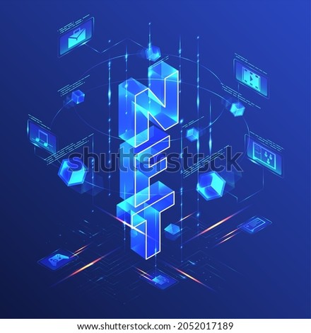 NFT, non fungible token, digital crypto art blockchain technology, vector isometric illustration.