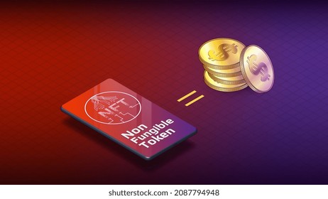 NFT non fungible token equal gold coins of dollars. Isometric concept of earning dollars USD on NFT market with mobile phone. Pay for unique collectibles in games or art. Banner or header.